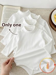 SHEIN Baby Girl Baby Girl Baby Boy Knit Solid Color High Neck Fleece Lined Basic Casual Autumn Romper - White - View 1