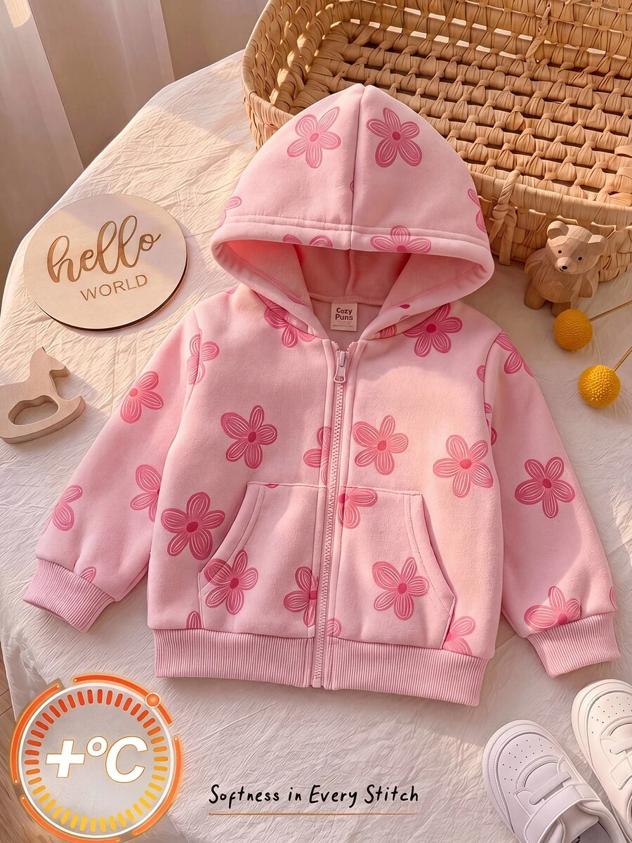 Cozy Pixies 女童嬰兒針織運動衫,粉色花卉印花,前口袋,保暖內裡,適合秋冬,舒適 - 粉色 - 查看 1
