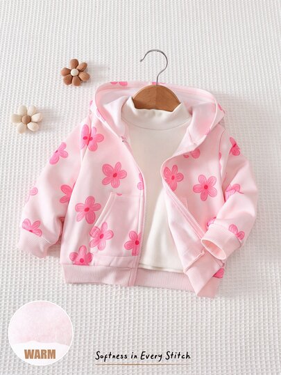 Cozy Pixies Kids Baby Girls Knit Sweatshirt, Pink Floral Print, Front Pocket, Thermal Lined, Suitable For Autumn/Winter, Comfortable