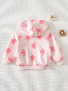 Cozy Pixies 女童嬰兒針織運動衫，粉色花卉印花，前口袋，保暖內裡，適合秋冬，舒適 - 粉色 - 查看 2