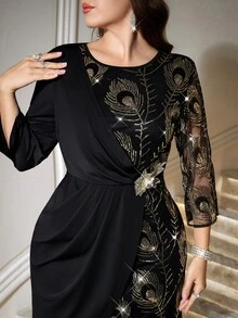 Reflora Plus Size Women's Sequin Floral Embroidered Pattern Casual Party Dress Christmas - Black - View 2