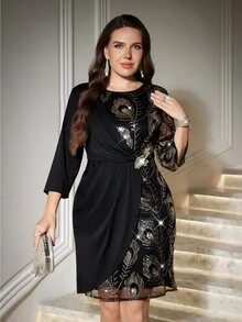 Reflora Plus Size Women's Sequin Floral Embroidered Pattern Casual Party Dress Christmas - Black - View 7