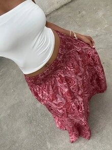 Sunnyshic Women's Boho Print Long Skirt, Casual Vacation & Daily Wear, Spring/Summer - Red - View 4
