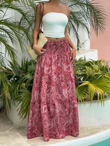 Sunnyshic Women's Boho Print Long Skirt, Casual Vacation & Daily Wear, Spring/Summer - Red - View 7