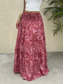 Sunnyshic Women's Boho Print Long Skirt, Casual Vacation & Daily Wear, Spring/Summer - Red - View 3