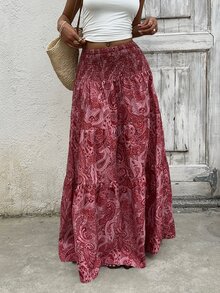 Sunnyshic Women's Boho Print Long Skirt, Casual Vacation & Daily Wear, Spring/Summer - Red - View 5