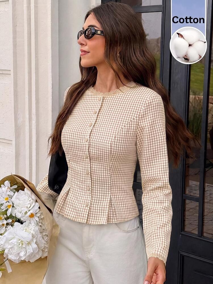 Serisse Women's Plaid Round Neck Long Sleeve Slim Fit Shirt - Apricot - View 6