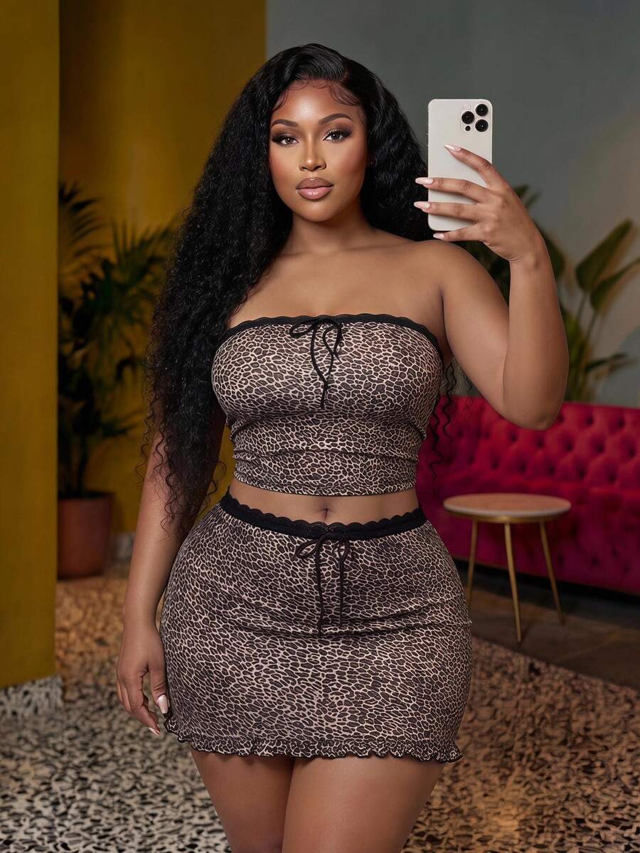 Veslaya Plus Size Leopard Print Bandeau Top And Skirt 2 Pieces Set