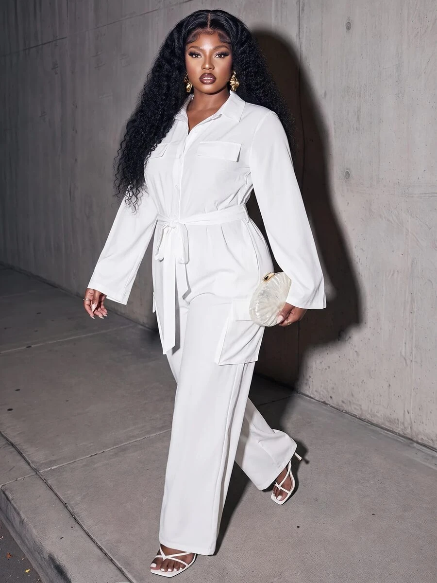Veslaya Autumn/Winter Plus Size White Utility Jumpsuit With Collar, Belt, Cinched Waist And Wide Leg Fall Brunch Office Elegant Smart