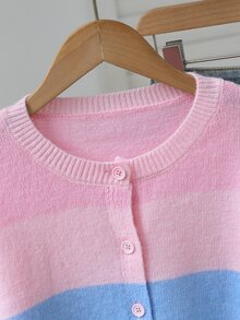 SHEIN 青少年女孩新款秋冬休閒時尚百搭彩虹拼接修身針織開襟毛衣 - 彩色 - 查看 6