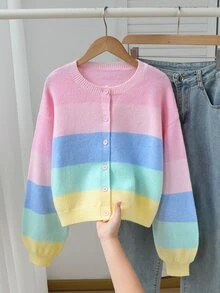 SHEIN 青少年女孩新款秋冬休閒時尚百搭彩虹拼接修身針織開襟毛衣 - 彩色 - 查看 1