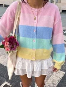 SHEIN 青少年女孩新款秋冬休閒時尚百搭彩虹拼接修身針織開襟毛衣 - 彩色 - 查看 7
