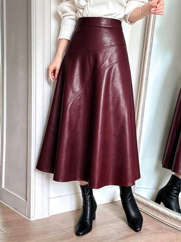 Modelyn 秋冬女款純色人造皮革優雅拼接中長款喇叭裙 - 酒紅色 - 查看 4