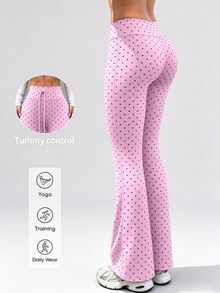 Dewbera Dewbera Tie Waist Elastic High Waist Polka Dot Flare Pants - Pink - View 2