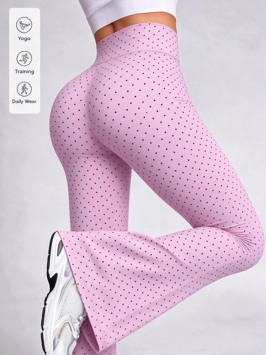Dewbera Dewbera Tie Waist Elastic High Waist Polka Dot Flare Pants - Pink - View 1