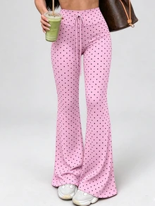 Dewbera Dewbera Tie Waist Elastic High Waist Polka Dot Flare Pants - Pink - View 3