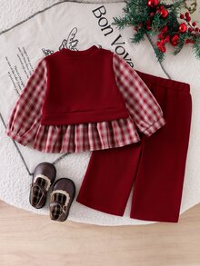 SHEIN Playful Pals طقم من قطعتين للبنات الرضع في الربيع/الخريف، ملابس علوية بأكمام طويلة بنقشة مربعات مع ديكور فيونكة + بنطلون واسع بلون موحد، قماش ناعم مضلع، ملابس لطيفة للعطلات للارتداء اليومي وحفلات عيد الميلاد وتصوير الأطفال - الأحمر - مشاهدة 2