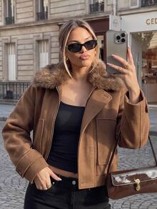 SHEIN Premium Caramel Brown Oversized Dropped Shoulder Overcoat With Large Fur Collar, Autumn/Winter Commuter Overcoat - Army Green - View 4