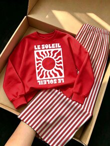 秋冬嬰兒/女嬰清新復古紅綠旋渦太陽藝術海報字母印花基礎圓領運動衫寬腿褲2件套 - 彩色 - 查看 3