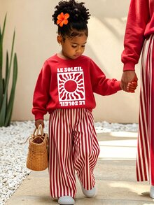 秋冬嬰兒/女嬰清新復古紅綠旋渦太陽藝術海報字母印花基礎圓領運動衫寬腿褲2件套 - 彩色 - 查看 1