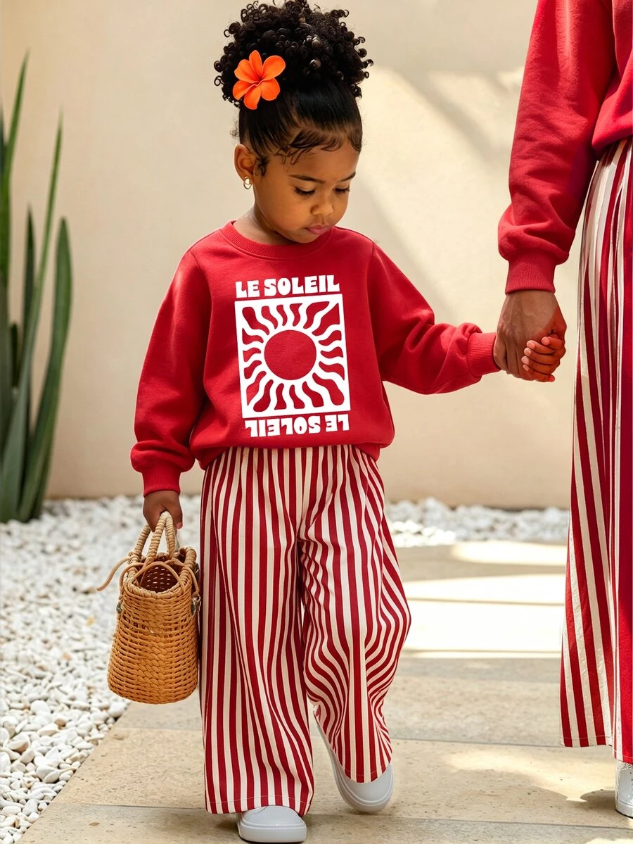 秋冬嬰兒/女嬰清新復古紅綠旋渦太陽藝術海報字母印花基礎圓領運動衫寬腿褲2件套 - 彩色 - 查看 1