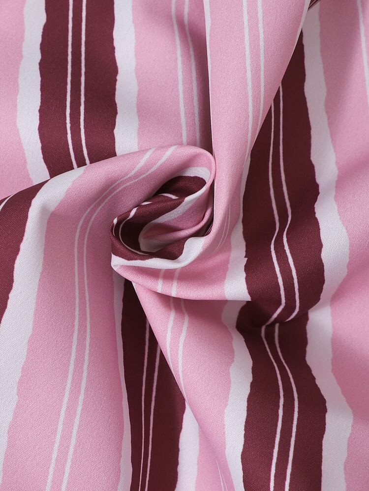 SHEIN Women's 2 In 1 Set, Patchwork Puff Sleeve, Pink And White Stripe, Single-Breasted, Collar Bow, Pleated Mini Skirt, School Autumn Casual - Multicolor - View 7