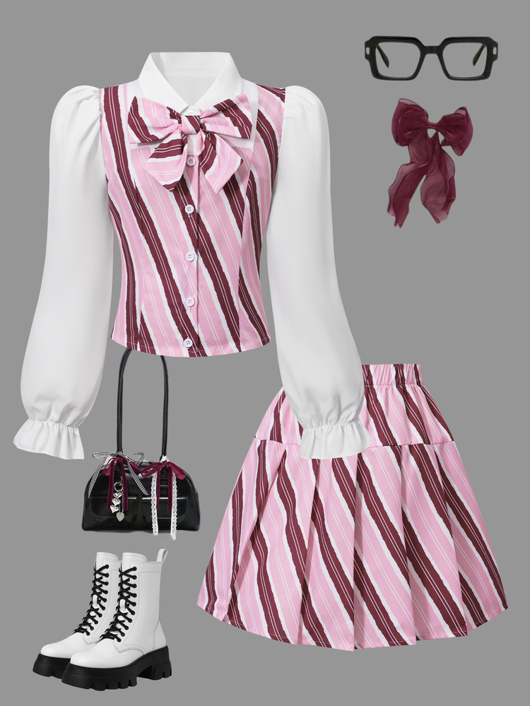 SHEIN Women's 2 In 1 Set, Patchwork Puff Sleeve, Pink And White Stripe, Single-Breasted, Collar Bow, Pleated Mini Skirt, School Autumn Casual - Multicolor - View 3