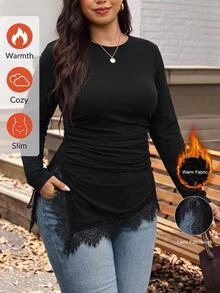 SHEIN LUNE Plus Size Women Solid Color Round Neck Long Sleeve Contrast Lace Asymmetric Hem Fashion T-Shirt - Black - View 9