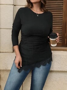 SHEIN LUNE Plus Size Women Solid Color Round Neck Long Sleeve Contrast Lace Asymmetric Hem Fashion T-Shirt - Black - View 6
