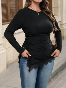 SHEIN LUNE Plus Size Women Solid Color Round Neck Long Sleeve Contrast Lace Asymmetric Hem Fashion T-Shirt - Black - View 5