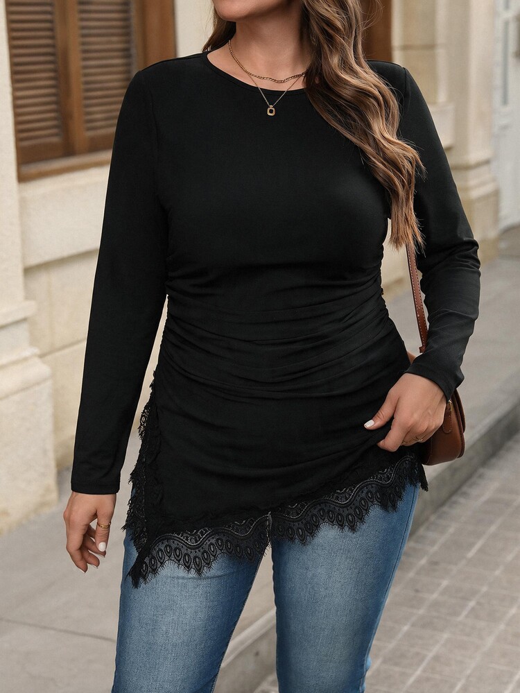 SHEIN LUNE Plus Size Women Solid Color Round Neck Long Sleeve Contrast Lace Asymmetric Hem Fashion T-Shirt - Black - View 3