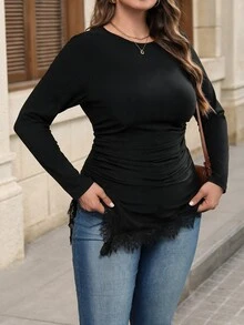 SHEIN LUNE Plus Size Women Solid Color Round Neck Long Sleeve Contrast Lace Asymmetric Hem Fashion T-Shirt - Black - View 7