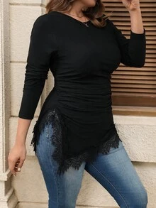 SHEIN LUNE Plus Size Women Solid Color Round Neck Long Sleeve Contrast Lace Asymmetric Hem Fashion T-Shirt - Black - View 8