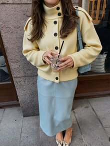Struktiv Women's Autumn/Winter Single Piece Asymmetric Button High Neck Shoulder Patch Ribbed Knit Cardigan Short Loose Vintage Commute Layering Sweater Jacket - Yellow - View 2