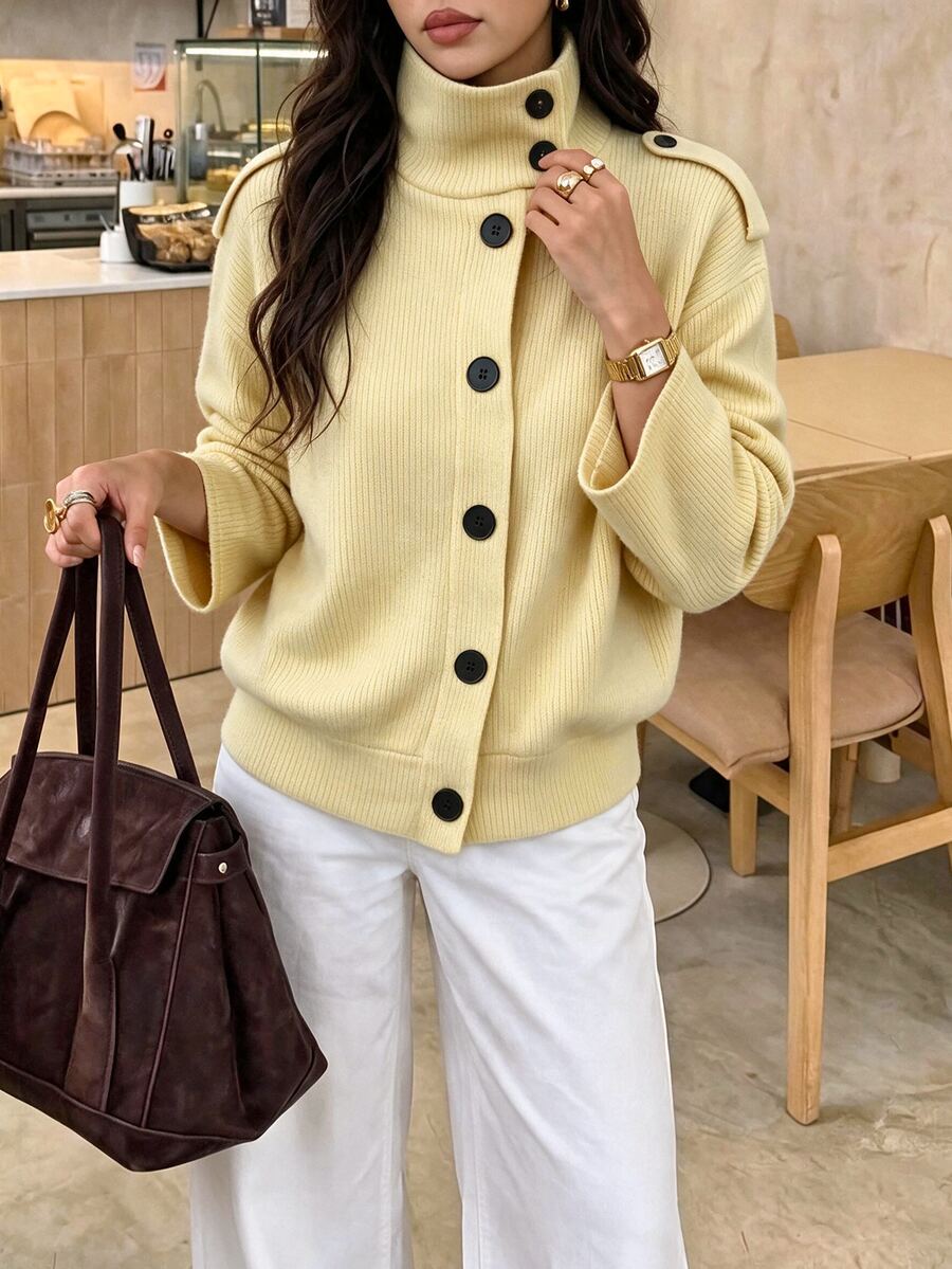 Struktiv Women's Autumn/Winter Single Piece Asymmetric Button High Neck Shoulder Patch Ribbed Knit Cardigan Short Loose Vintage Commute Layering Sweater Jacket - Yellow - View 1