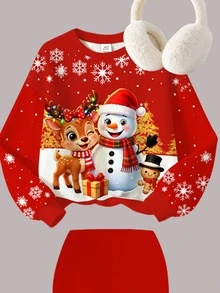 Tween女孩休閒可愛趣味卡通聖誕雪人、馴鹿、薑餅人圖案，波點雪花，聖誕紅，圓領衛衣彈性腰長褲套裝，抓絨內裡，適合秋冬，秋季風格，秋季穿搭，聖誕套裝 - 彩色 - 查看 4