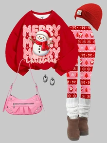 女童休閒可愛趣味卡通聖誕雪人圖案、費爾島格紋、聖誕紅圓領衛衣與鬆緊腰長褲套裝，保暖內裡，適合秋冬，秋季風格，秋季穿搭，秋季套裝，聖誕節 - 彩色 - 查看 2