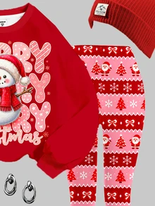 女童休閒可愛趣味卡通聖誕雪人圖案、費爾島格紋、聖誕紅圓領衛衣與鬆緊腰長褲套裝，保暖內裡，適合秋冬，秋季風格，秋季穿搭，秋季套裝，聖誕節 - 彩色 - 查看 5