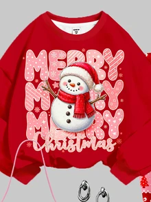 女童休閒可愛趣味卡通聖誕雪人圖案、費爾島格紋、聖誕紅圓領衛衣與鬆緊腰長褲套裝，保暖內裡，適合秋冬，秋季風格，秋季穿搭，秋季套裝，聖誕節 - 彩色 - 查看 4