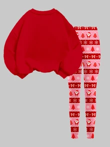 女童休閒可愛趣味卡通聖誕雪人圖案、費爾島格紋、聖誕紅圓領衛衣與鬆緊腰長褲套裝，保暖內裡，適合秋冬，秋季風格，秋季穿搭，秋季套裝，聖誕節 - 彩色 - 查看 3