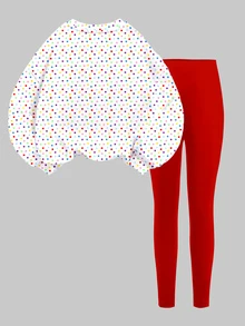 Tween女孩休閒可愛趣味卡通聖誕馴鹿圖案、彩色波點、聖誕紅圓領衛衣與彈性腰長褲套裝，保暖內裡，適合秋冬穿著，秋季風格，秋季穿搭，秋季套裝，聖誕節 - 彩色 - 查看 3