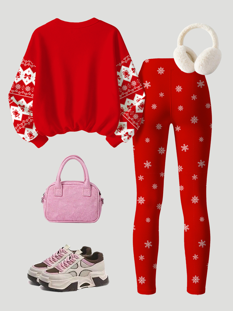 Setelan Anak Perempuan Remaja Kasual Lucu Bermotif Kartun Natal Manusia Kue Jahe, Fair Isle, Merah Natal, Kaos Lengan Panjang Leher Bulat dan Celana Panjang Pinggang Elastis, Lapisan Bulu, Cocok untuk Musim Gugur/Dingin, Gaya Musim Gugur, Pakaian Musim Gugur, Setelan Musim Gugur, Natal - MultiWarna - View 3
