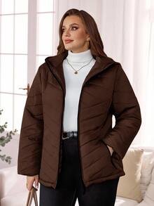 Rosumi 大尺碼女款冬季加厚軍綠色填充外套 - 咖啡棕 - 查看 7