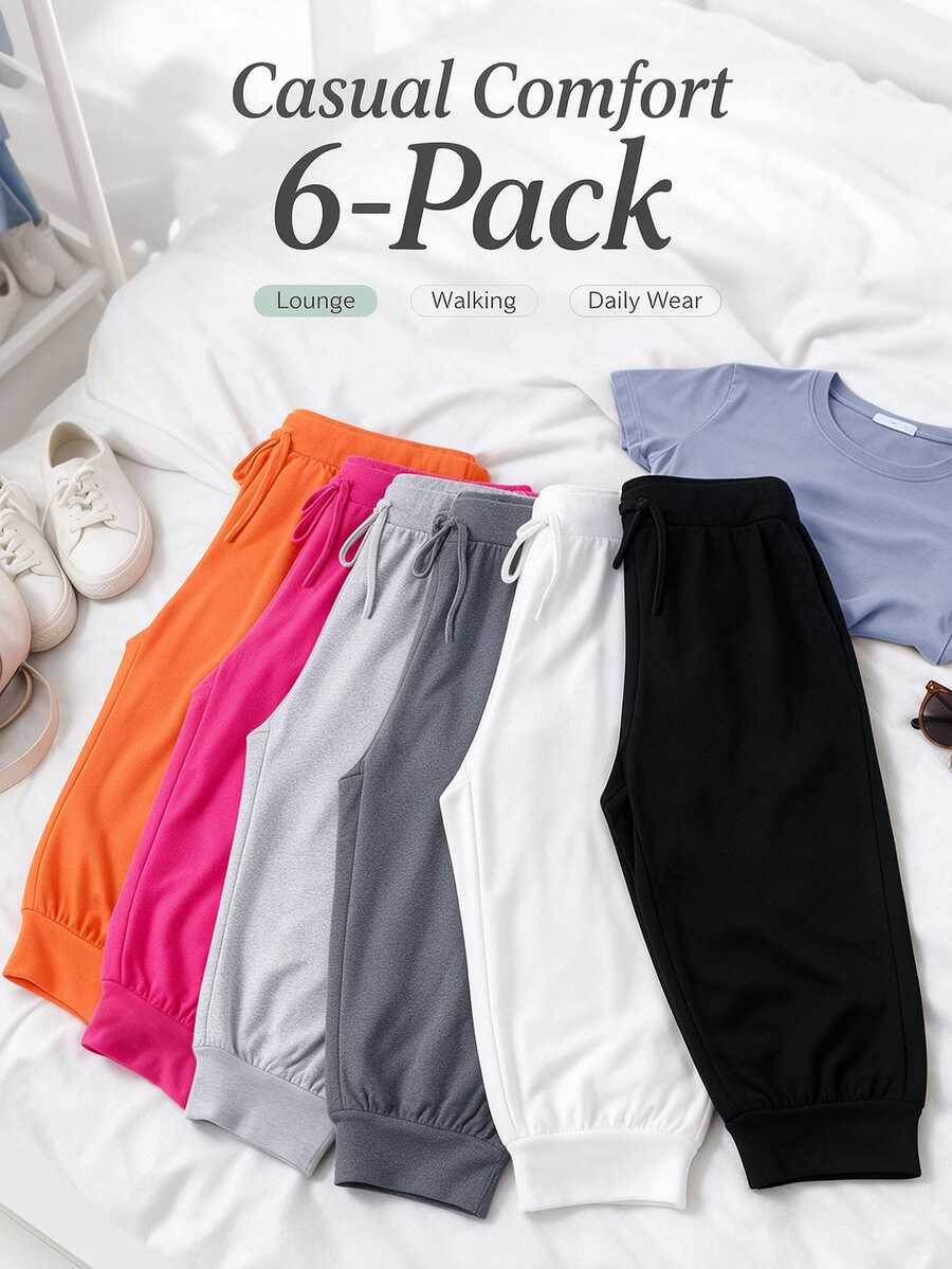 EMERY ROSE Plus Size Women 6‑Pack Drawstring Capri Jogger Pants, Sweatpants, Relaxed Fit Casual Formal Gym Black White Gray Silver Hot Pink Burnt Orange Summer - White - View 1
