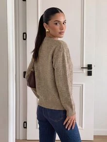 Firerie Sweater Wanita Warna Polos dengan Dekorasi Logam Kasual Harian Lengan Panjang - Aprikot - View 2