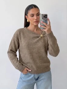 Firerie Sweater Wanita Warna Polos dengan Dekorasi Logam Kasual Harian Lengan Panjang - Aprikot - View 4