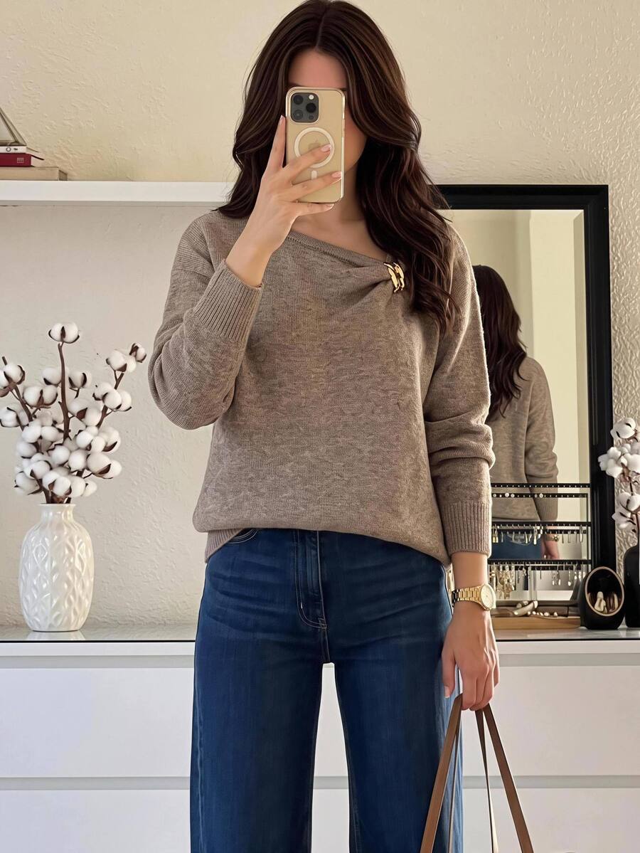 Firerie Sweater Wanita Warna Polos dengan Dekorasi Logam Kasual Harian Lengan Panjang - Aprikot - View 1