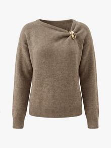 Firerie Sweater Wanita Warna Polos dengan Dekorasi Logam Kasual Harian Lengan Panjang - Aprikot - View 5