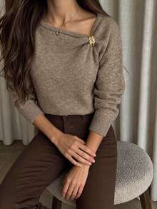 Firerie Sweater Wanita Warna Polos dengan Dekorasi Logam Kasual Harian Lengan Panjang - Aprikot - View 6