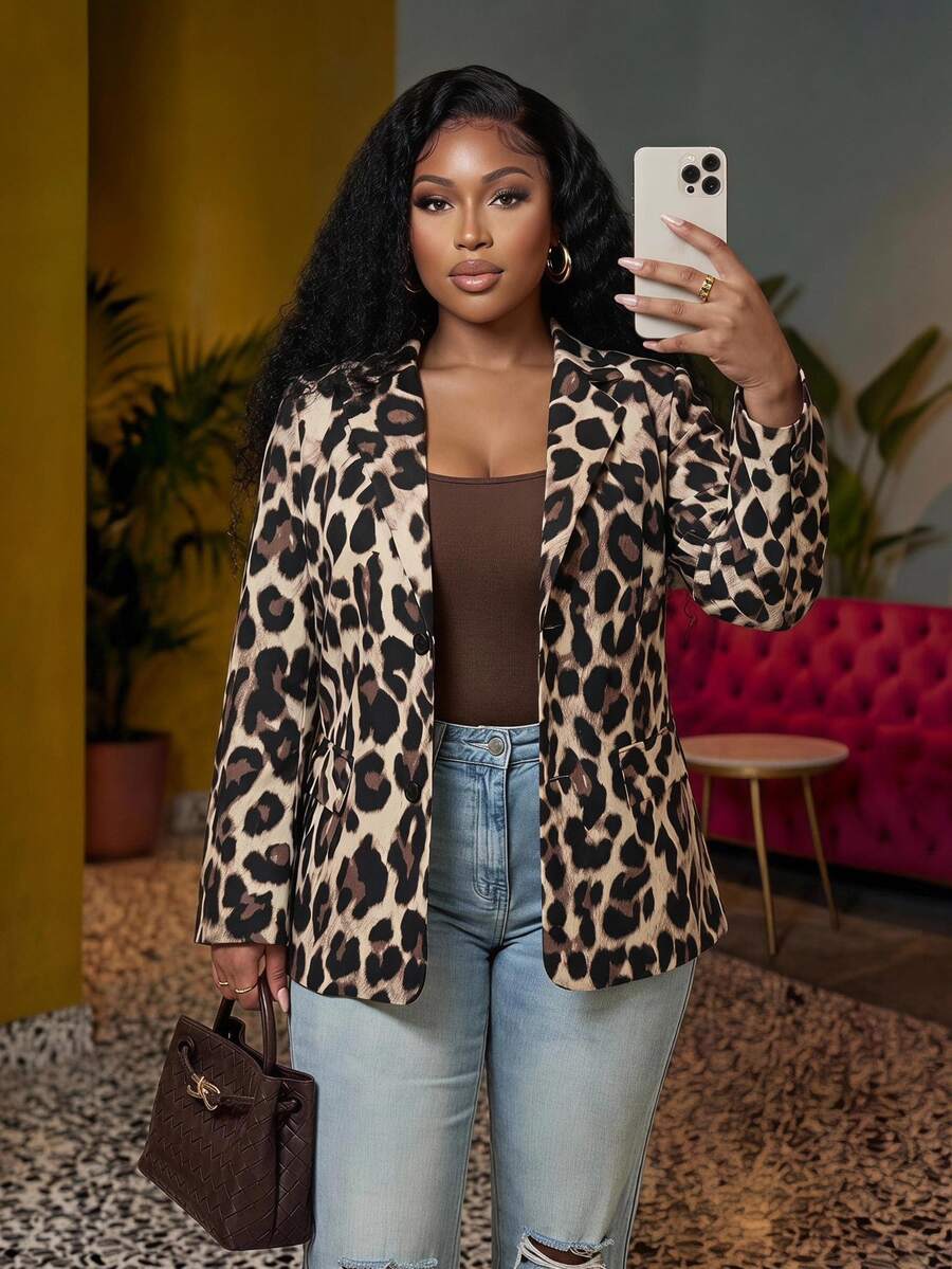 Slaydiva جاكيت بليزر أنيق للمقاسات الكبيرة بطبعة نمر، جاكيت بدلة خفيفة للخريف